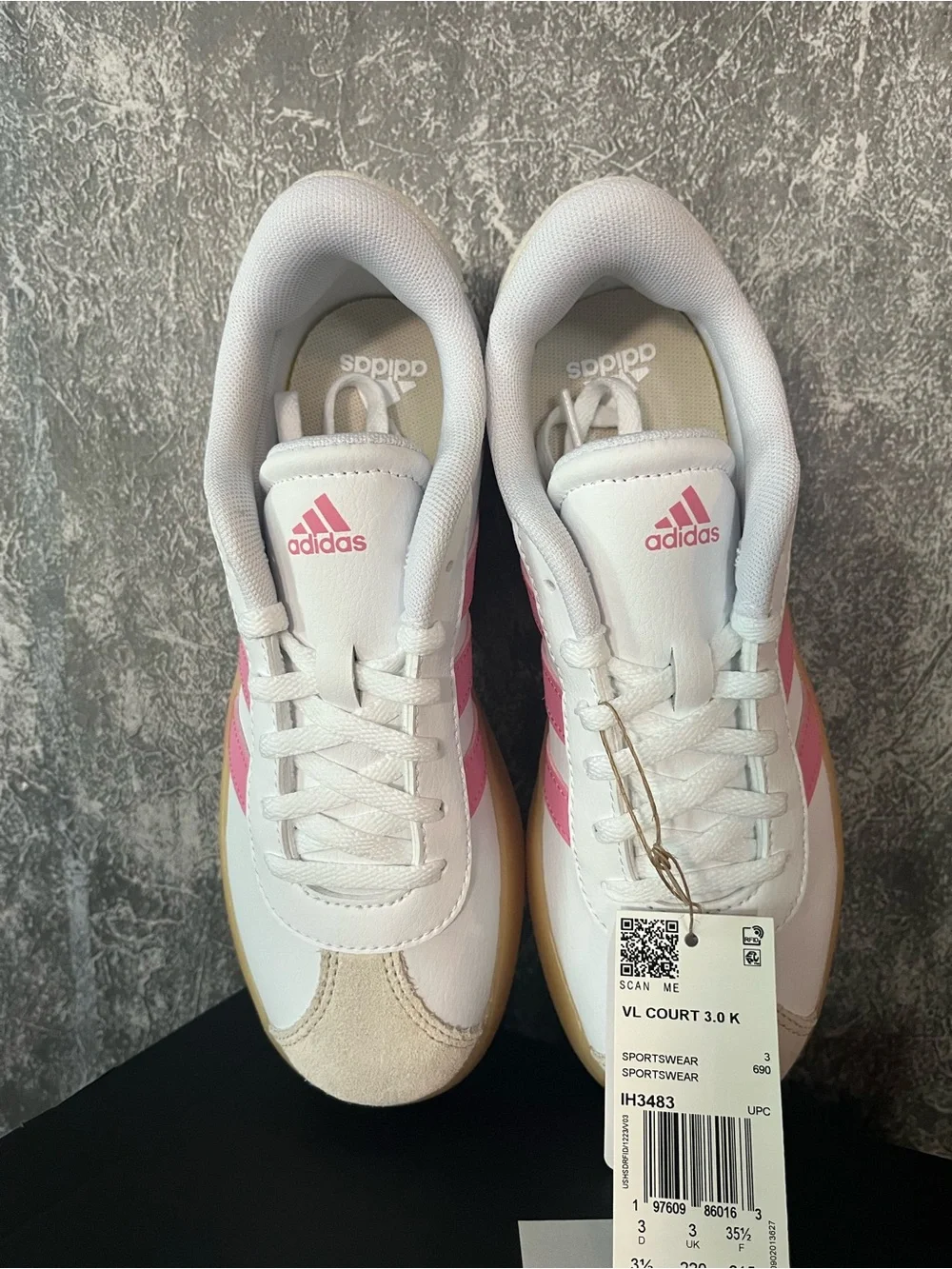 adidas Kids White & Pink VL Court 3.0 Sneakers with Gum Sole new in box